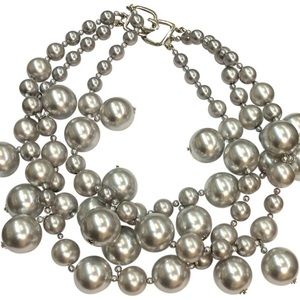 KENNETH JAY LANE-3 STRAND BEADS CLUSTER DROPS NECKLACE-GREY PEARL